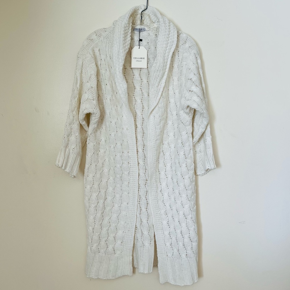 NWT Cellabie Vetements Chunky Knit Open Drape Hoodie Cardigan Sweater Ivory - Picture 12 of 12